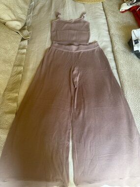 Ribbed Cropped Tank & Wide-Leg Knit Pants Set - Mauve